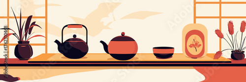 Minimalist flat vector illustration of traditional Asian tea ceremony setting with teapots cups plants and decorative elements on wooden table and shoji screens background