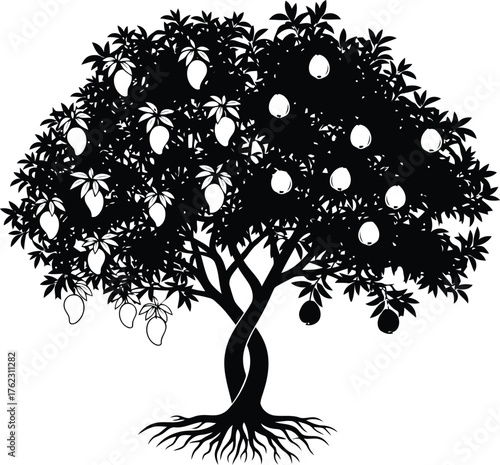 Vector art of silhouette of a mango tree with ripe fruit