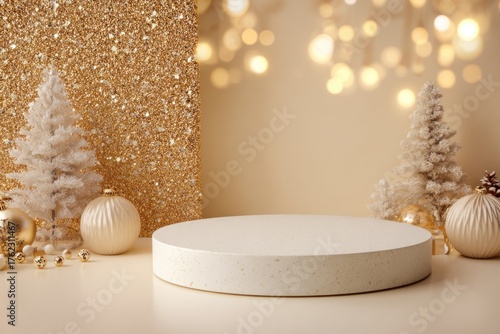 Clean beige circular podium against glamorous gold glitter backdrop with soft bokeh, flanked by miniature white Christmas trees and subtle gold ornaments. Ideal for luxury product display