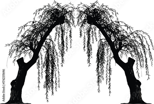 Vector art of silhouette of two weeping willow trees forming an arch