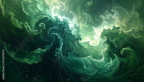 An abstract swirling composition, primarily in shades of green and white. The artwork resembles fluid forms, reminiscent of smoke or waves