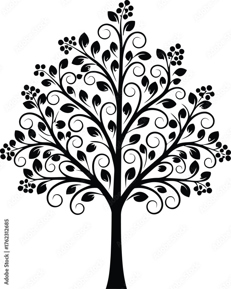 Obraz premium Vector art of decorative stylized tree with curly branches and small berries