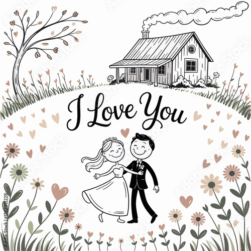 Romantic Embrace and Promises: Illustration of a couple celebrating their union with 'I love you' written above them surrounded by hearts and flowers. 