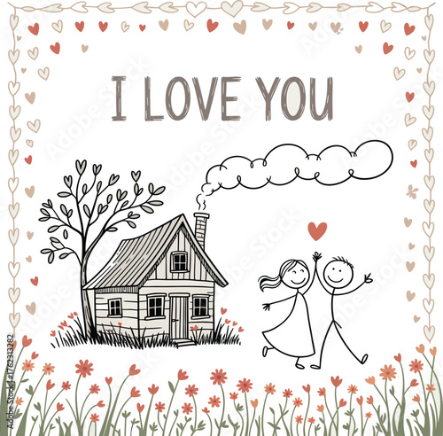 Love's Embrace: a delightful illustration featuring a cozy home with the words I love you, embracing a couple and flowers