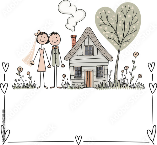 Love's Sweet Cottage: A heartwarming illustration of a newlywed couple standing proudly in front of a cozy cottage, symbolizing the beginning of a shared life filled with love, family, and home.
