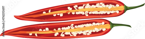 Two halves of a red chili pepper, revealing the seeds and inner structure.