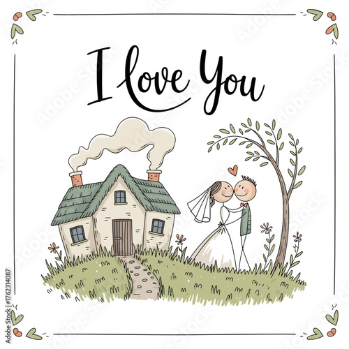 Love's First Home: A whimsical illustration of a couple embraces joyfully near their dream home, under a blossoming tree, symbolizing the beginning of their life's journey.