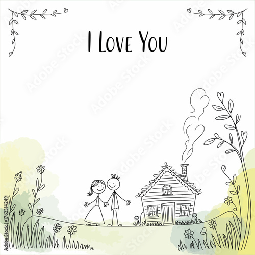 Love's Haven: A heartwarming doodle-style illustration conveys affection and the comfort of home, portraying a couple holding hands in front of a cozy cottage, with I love you scripted above.