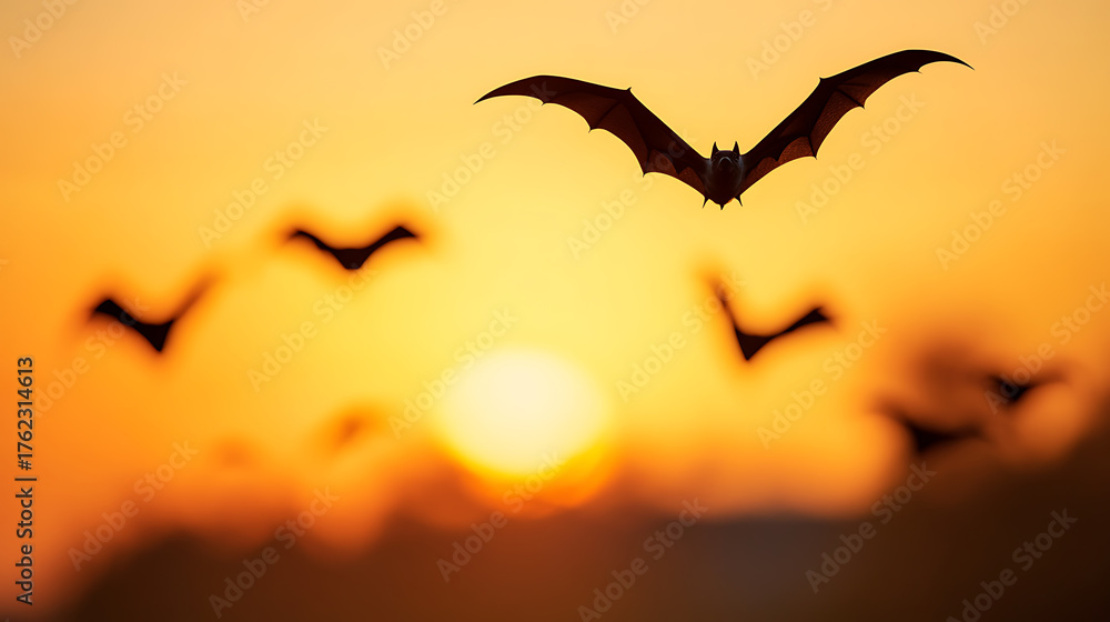 Naklejka premium Bats take flight against a sunset sky, silhouettes dancing in the warm light. The image evokes a sense of mystery and the natural beauty of dusk.