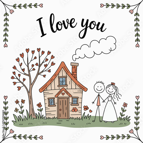 Love's Abode: Whimsical illustration of a charming cottage nestled near a heart-adorned tree, as a couple stands, hand-in-hand, a sweet declaration of affection.