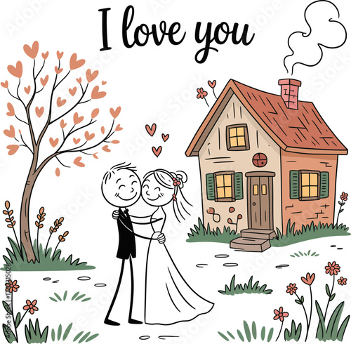 Forever Bonded: A heartwarming illustration of a couple embracing each other, with the words I love you above, conveys a message of love and commitment, in front of a house, symbolising home.
