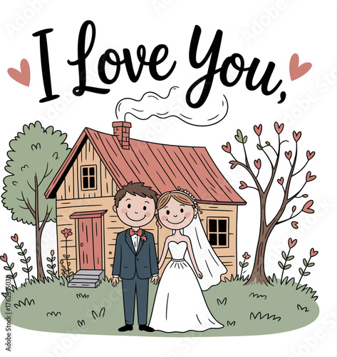 A Cherished Promise: A charming illustration depicts a newlywed couple standing hand-in-hand outside their cozy home, expressing everlasting affection.