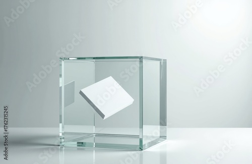 A clear glass cube with a white book floating inside on a minimalist background