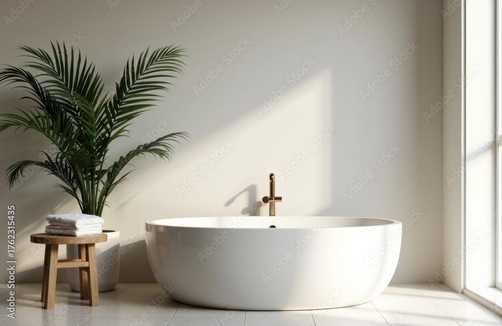 Fototapeta premium A modern white bathtub with a gold faucet in a bright, minimalist bathroom setting