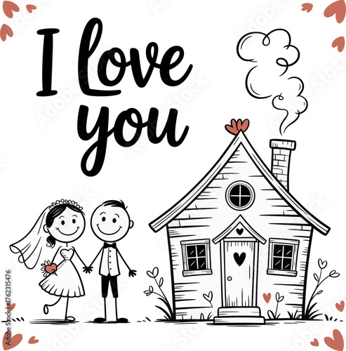 Love and Home: A cute illustration of a couple with I love you text with their dream home, and small lovely design that represents the love concept.