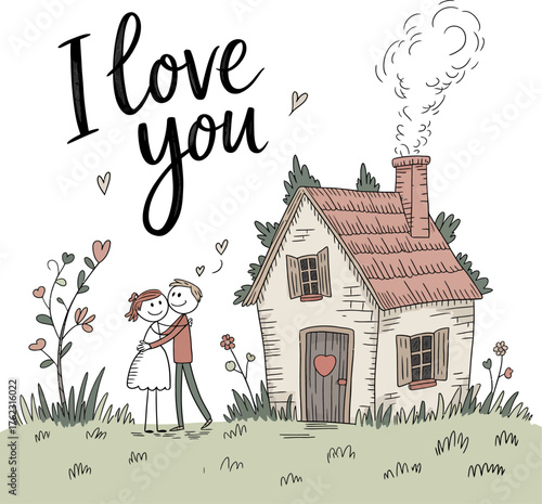Love's Embrace: A tender moment of affection unfolds as a couple shares a heartfelt hug against the backdrop of a quaint house, adorned with the message I love you.
