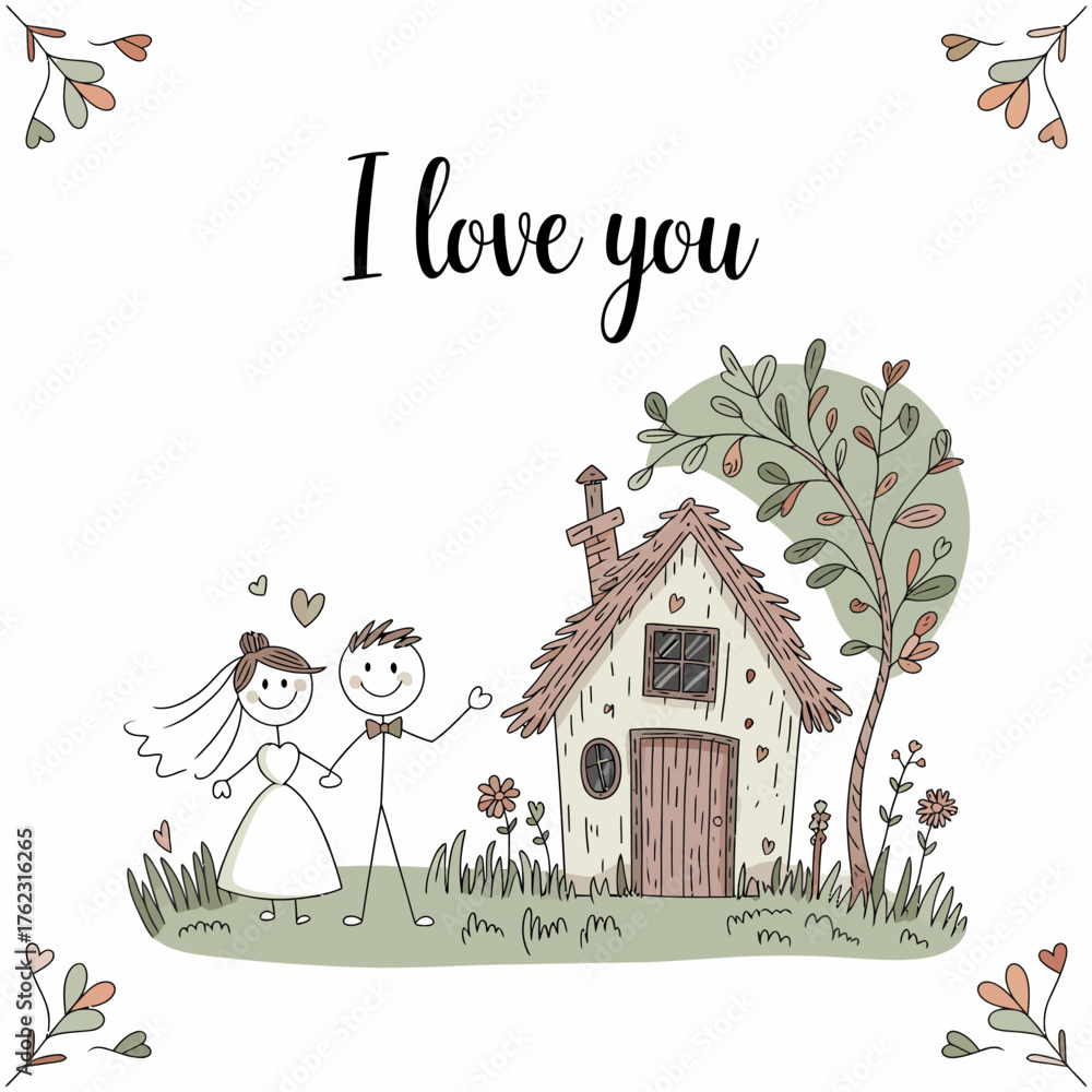 Fototapeta premium I Love You Greeting Card: A whimsical illustration capturing the essence of love and commitment, featuring a charming couple hand-in-hand in front of a cozy cottage, symbolizing home and heart.