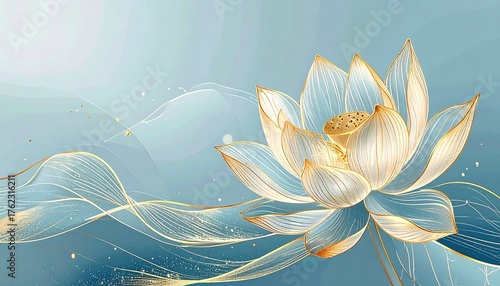 An elegant depiction of a lotus flower with golden outlines against a light blue and teal backdrop with abstract wave-like lines