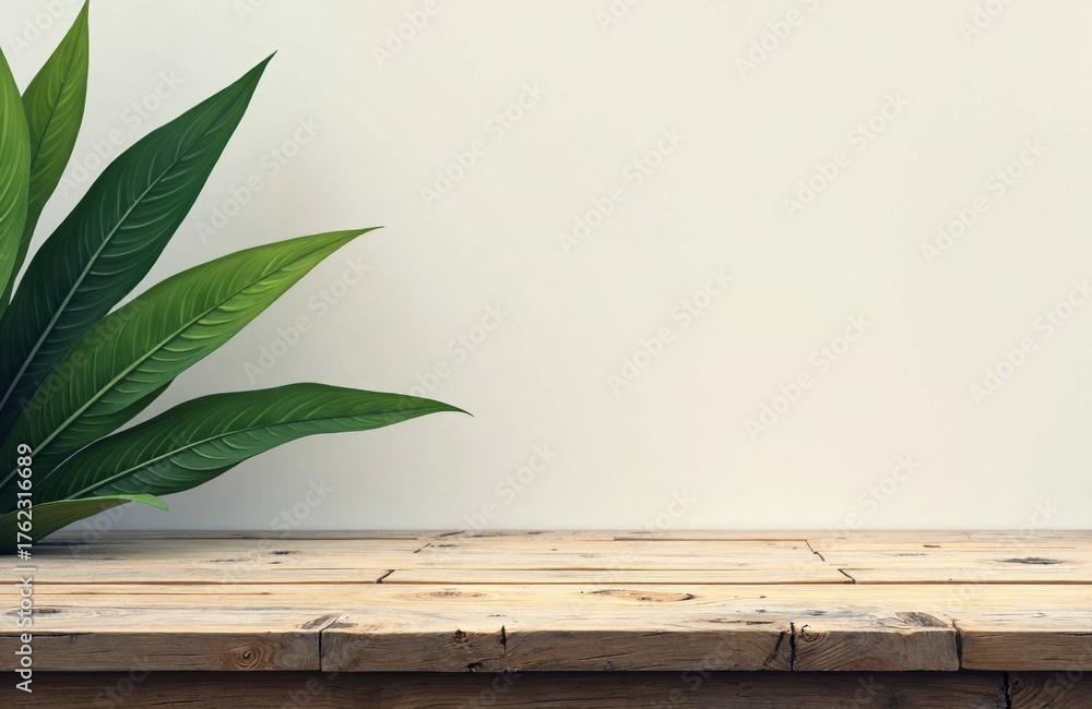 Obraz premium A green plant with large leaves placed on a wooden surface against a plain light background