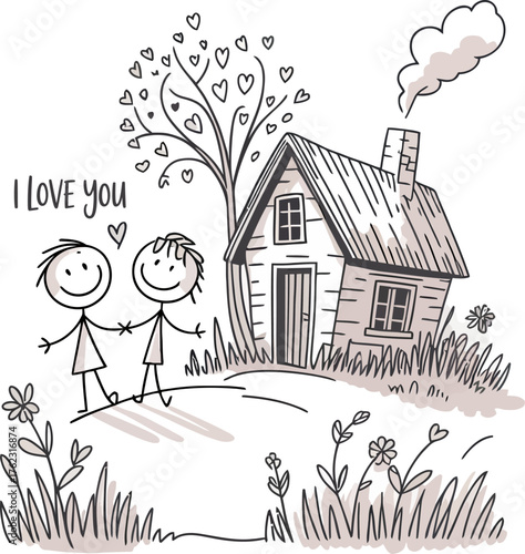 Love's Haven: A heartwarming doodle captures two figures hand-in-hand, their connection blossoming beside a quaint house, beneath a tree adorned with hearts and the words I Love You.