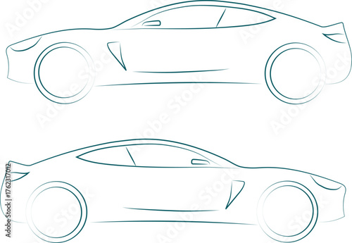 Pair of minimalist line art illustrations depicting sleek electric sports cars in side profile, modern automotive design icons