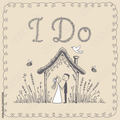 I Do Illustration: A charming, hand-drawn illustration captures a tender wedding moment with a loving couple under a decorative archway, adorned with floral and whimsical details. 