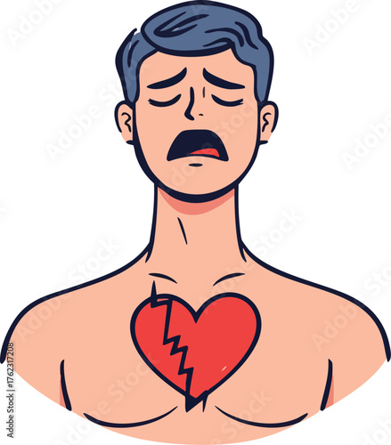 Sad person with cracked heart symbol sketch illustration for emotional pain, heartbreak, grief, and mental health concepts