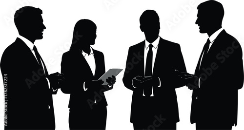 Business People Silhouettes Meeting on White Background, business, people, silhouette, meeting, discussion, teamwork, collaboration, men, women, suits, ties, formal wear, professional, office, corpora