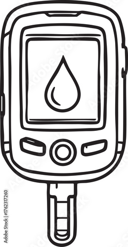 Hand-drawn blood glucose meter sketch with test strip and droplet icon for diabetes, health monitoring, and medical themes