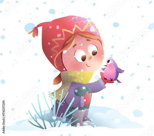 Cute Little Girl Wearing Winter Clothes Play with Friend Bird in Snow. Fairytale winter scene, holidays illustration for kids. Hand drawn vector cartoon for children story or tale in watercolor style.