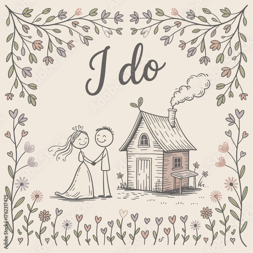 I do Sketch: A charming sketch illustrates the heartwarming phrase I do, depicting a couple hand in hand next to a quaint house, all framed by delicate floral details. 