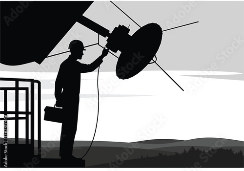 Engineer with toolbox near satellite dish at dusk silhouette, engineer, silhouette, satellite dish, toolbox, communication, technology, maintenance, repair, service, equipment, machinery, industrial, 