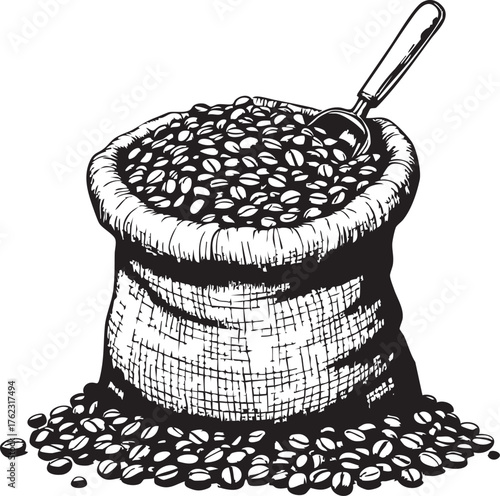 Hand-drawn coffee bean sack with scoop sketch illustration for culinary, packaging, retail, and rustic lifestyle concepts