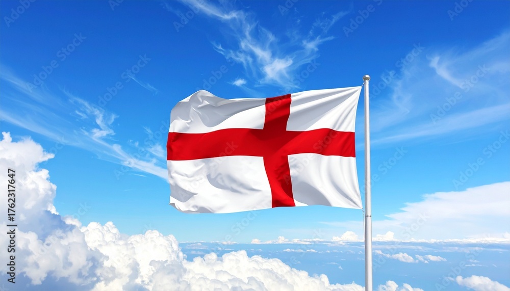 Naklejka premium England's national flag—the red Cross of Saint George—flying boldly against a blue sky with scattered clouds