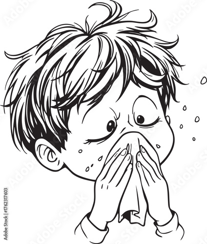 Hand-drawn sketch of sneezing child using tissue for hygiene, illness, allergy, and health education vector concepts