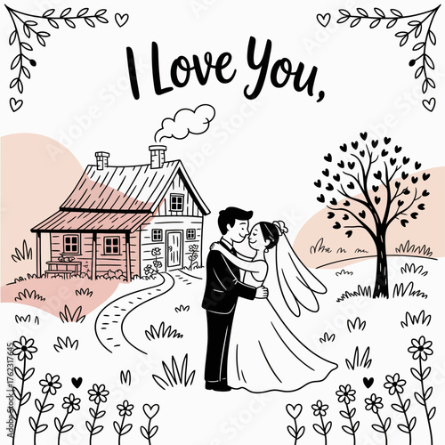 Love's Embrace: An illustrated couple share a tender moment, their affection framed by a charming cottage and a flourishing tree, symbolizing the start of their loving journey.