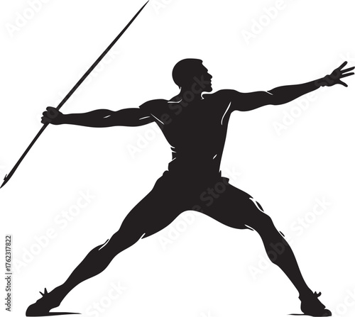 Silhouette of athlete throwing javelin in dynamic stance, black and white vector for strength, motion, and competition