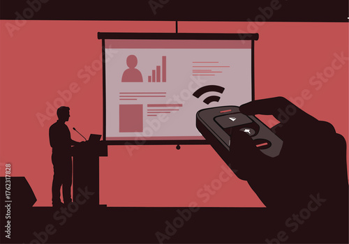 Presenter at Podium with Projection Screen and Hand Holding Remote, presentation, speaker, podium, microphone, projection screen, data, charts, graphs, audience, business, meeting, conference, seminar