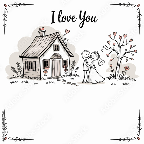 Eternal Vows Under a Cozy Roof: A hand-drawn illustration depicts a loving couple embracing in front of a quaint cottage, surrounded by blossoming flora, symbolizing the beauty of enduring love. 
