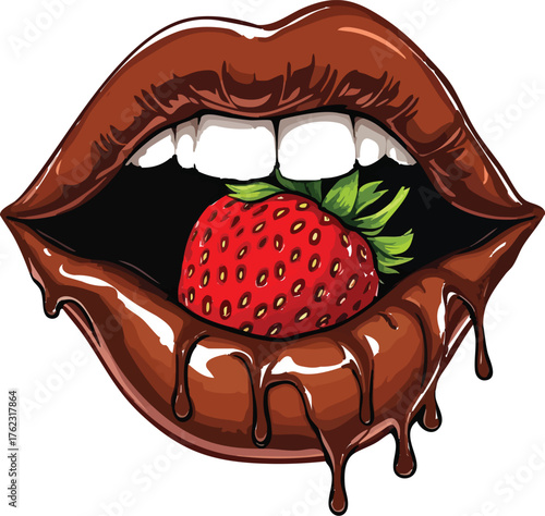Glossy chocolate lips holding strawberry, black and white vector for indulgence, sensuality, and confectionery themes