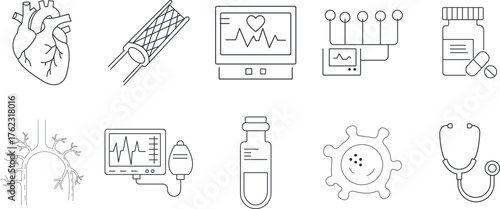 Cardiology Medical Line Icons Set – Heart, ECG, Stent, Ultrasound, Medicine