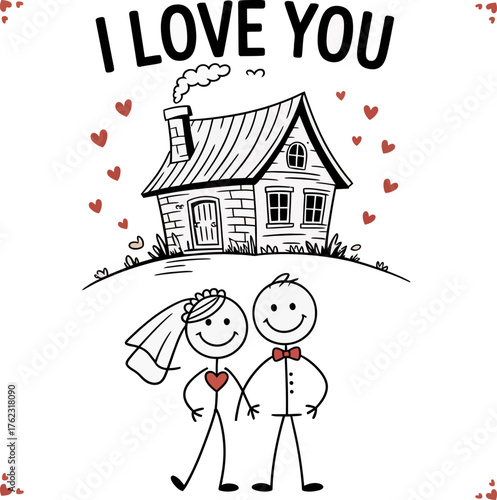 Love and Home: A heart-warming illustration of I Love You celebrates togetherness, featuring a couple embracing in front of their cozy home. Red hearts surround them, symbolizing affection, happiness.