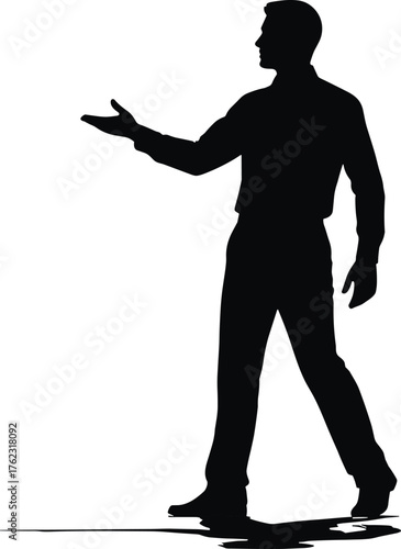 Silhouette of a man in a suit gesturing with open hand, silhouette, person, man, male, businessman, suit, shirt, pants, shoes, walking, gesturing, hand, open hand, offering, presenting, inviting, talk