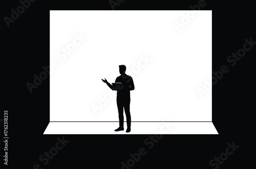 Silhouette of a man presenting on a white stage silhouette, man, presenter, public, silhouette, presentation, background, information, light, clean, isolated, shadow, man, spotlight, space, dark, know