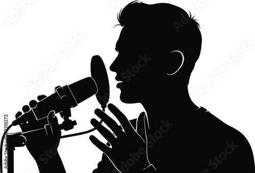 Silhouette of a man singing into a microphone music, man, silhouette, singing, microphone, music, recording, studio, vocal, voice, performance, artist, singer, sound, audio, equipment, pop filter, han