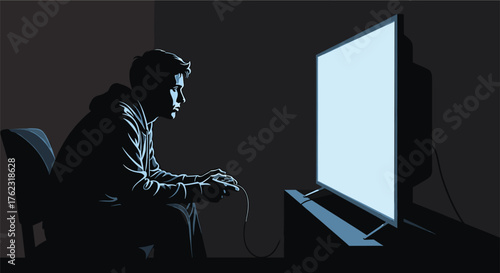Silhouette of a person playing a video game in a dark room, silhouette, person, man, male, playing, video game, television, tv, screen, controller, joystick, gaming, entertainment, leisure, hobby, dar