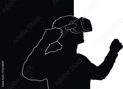 Silhouette of a person wearing VR headset gesturing with hands, silhouette, person, man, virtual reality, vr, headset, goggles, technology, gaming, entertainment, future, digital, immersive, experienc