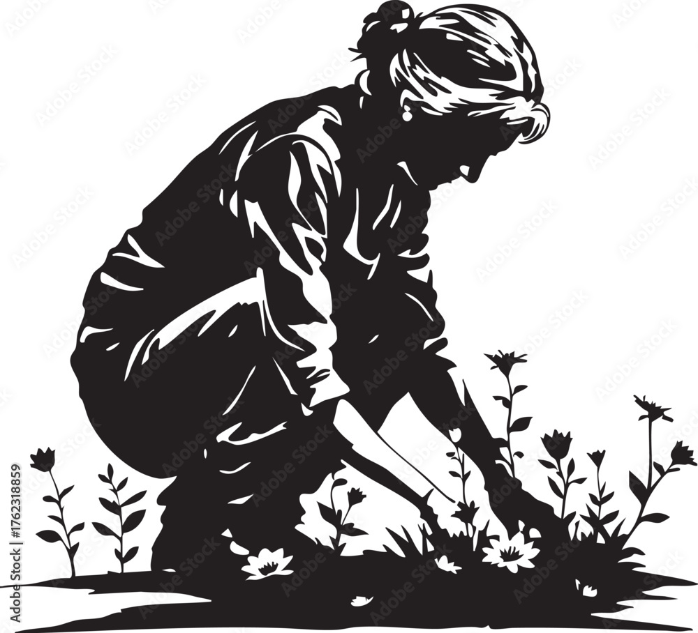 Fototapeta premium Silhouette of person gardening with blooming flowers, black and white vector for nature, care, and peaceful outdoor activity