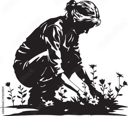 Silhouette of person gardening with blooming flowers, black and white vector for nature, care, and peaceful outdoor activity