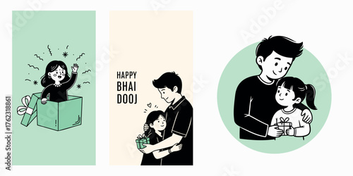 Happy Bhai Dooj graphic set illustrating the loving bond between a brother and sister, showing hugs, a surprise gift opening, and sibling affection.